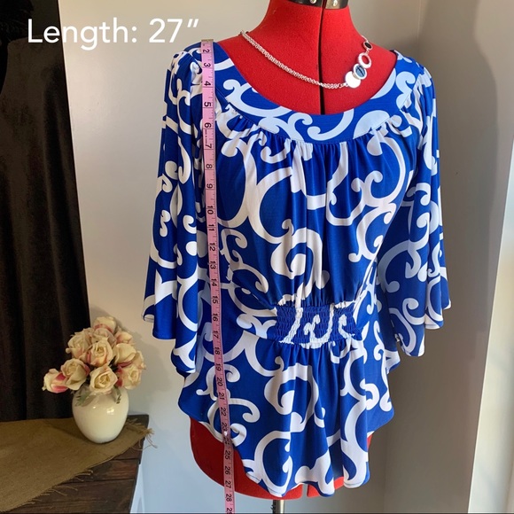 THEME Blue and White Drape Batwing Sleeve Blouse - Picture 12 of 16